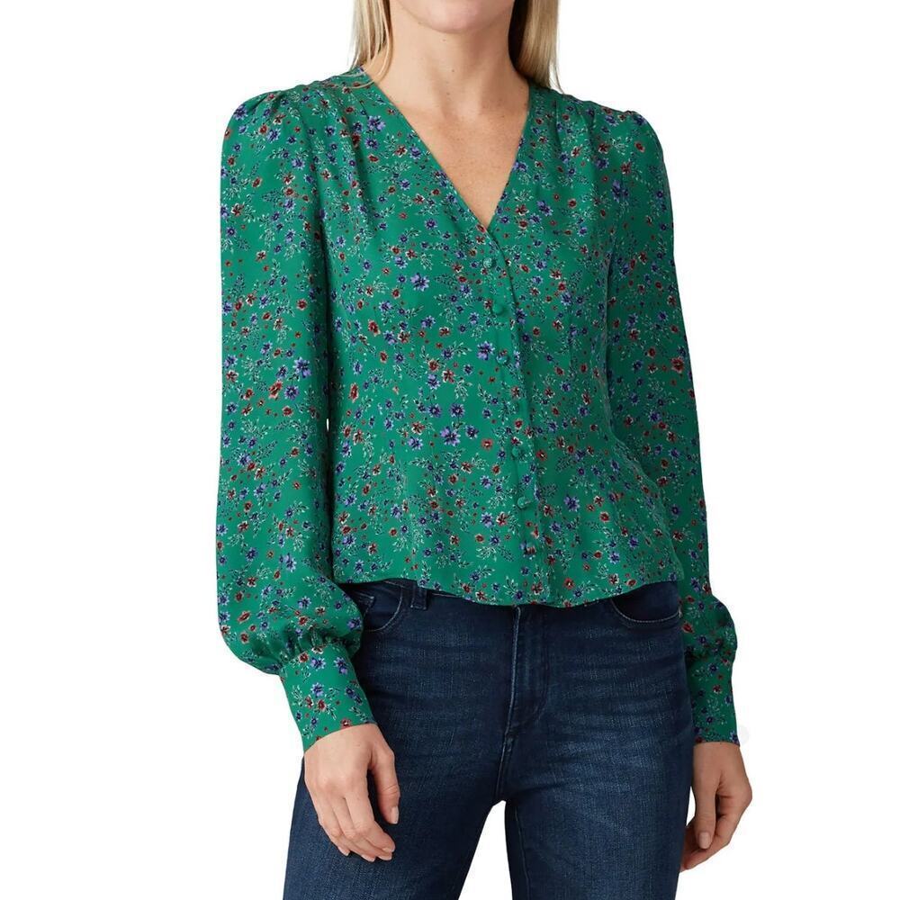 Nicholas Women's 100% Silk Green Button Front Floral Blouse Top Size 8